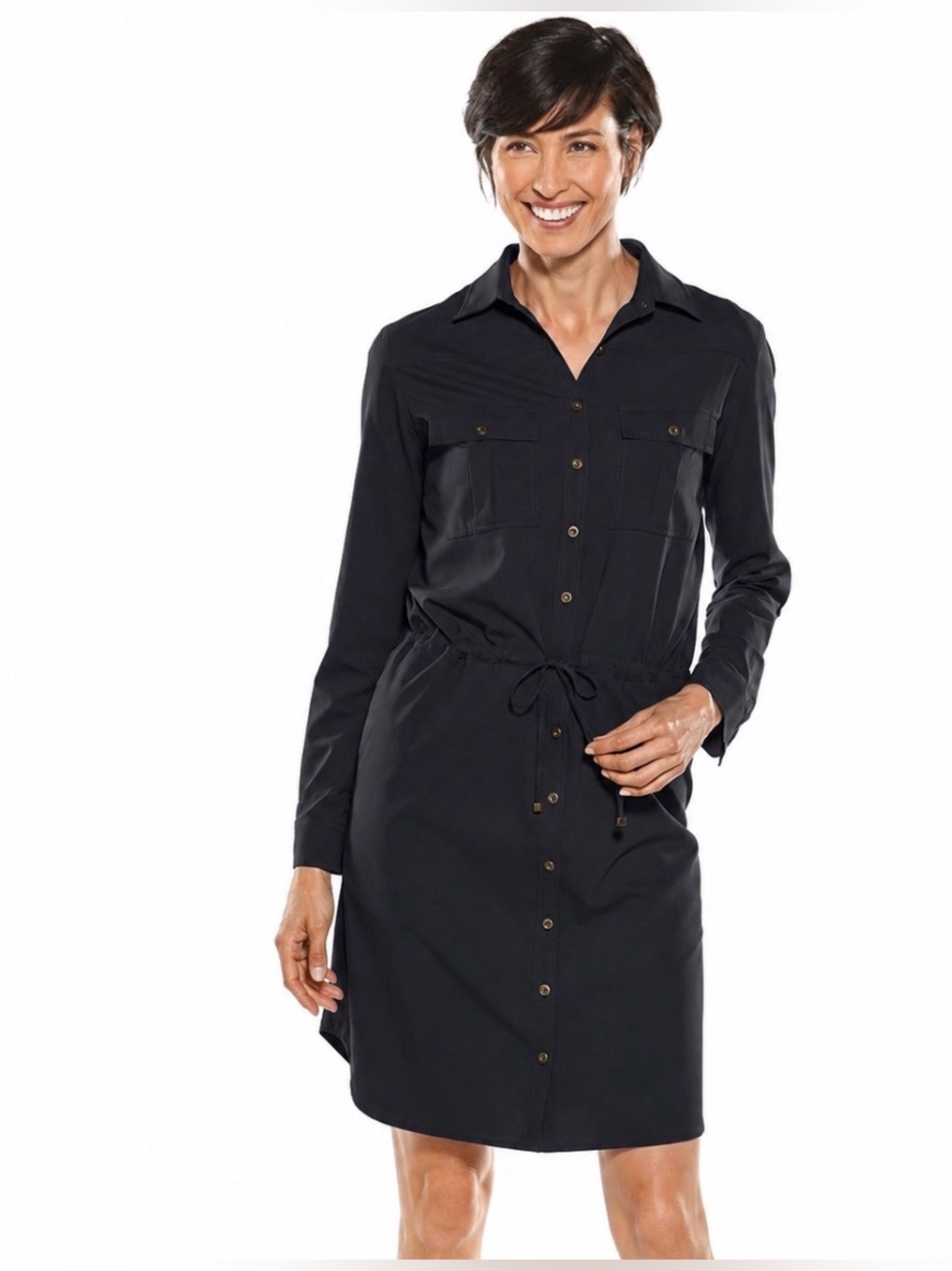 Coolibar Napa Travel Button Up Shirt Dress XL Black RollTab Sleeve UPF50 Classic - Picture 7 of 16